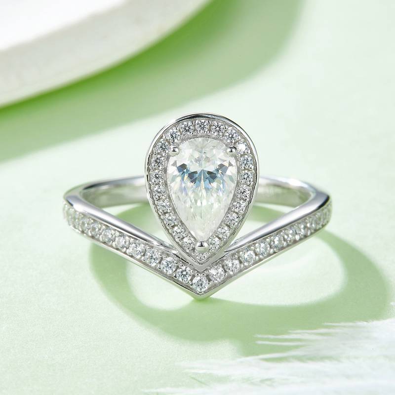 V字虎边水滴S925银镀白金彩色MoissaniteWomen's Ring1ctD级